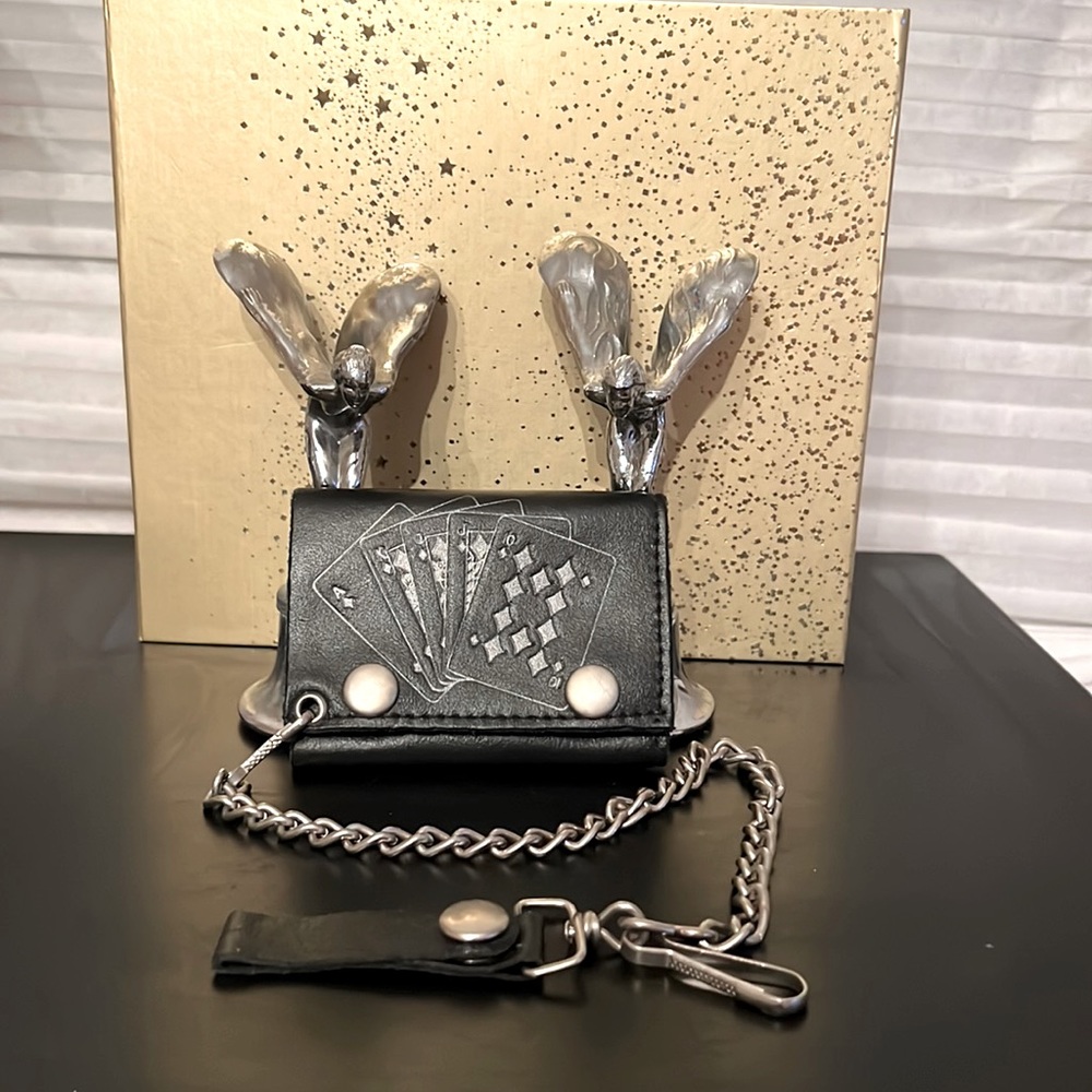 Vintage Made in the USA black leather trifold wallet with a heavy duty chain